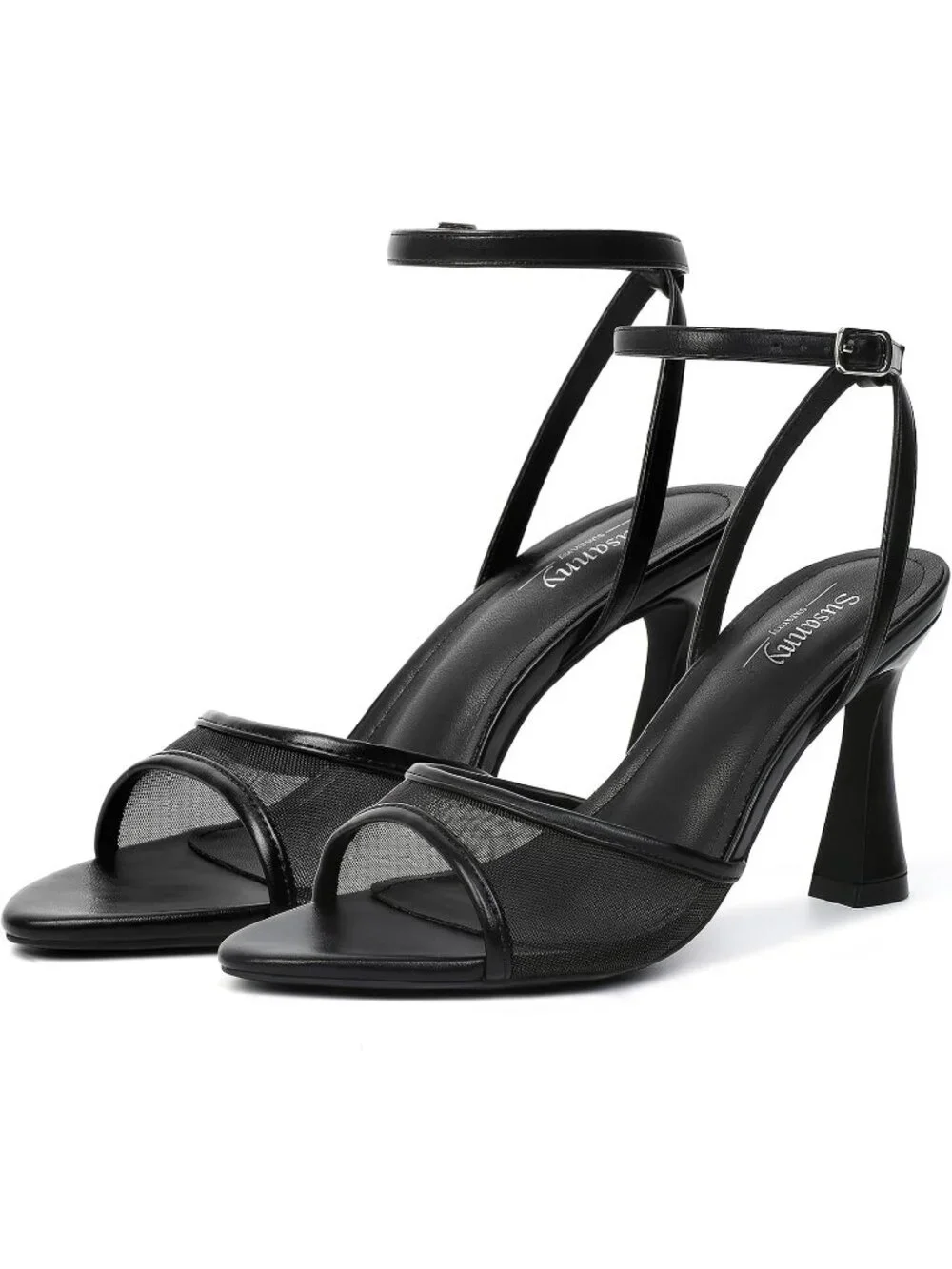 Women's Black High Heels Pointed Open Toe Strappy Chunky Block Sexy Dress Shoes